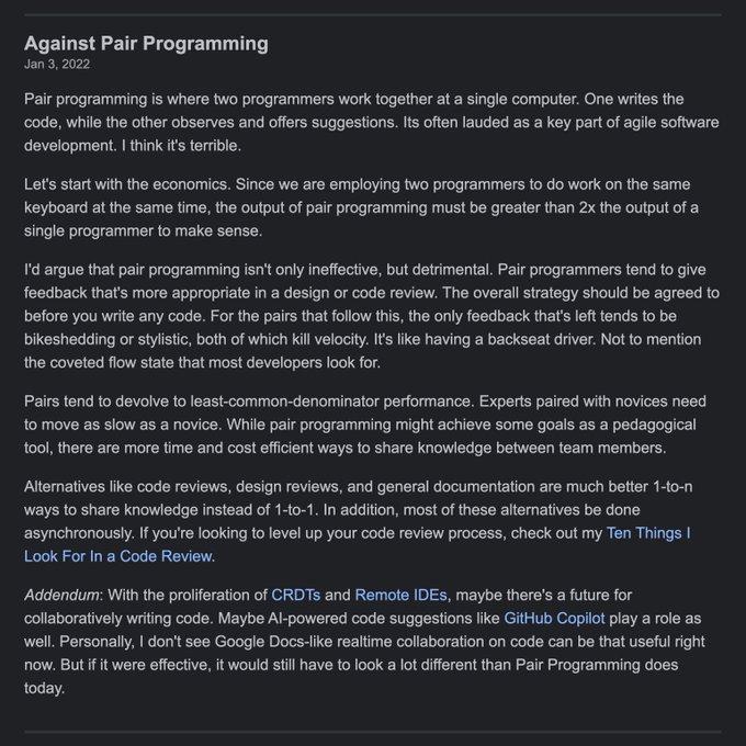 Against Pair Programming, Matt Rickard